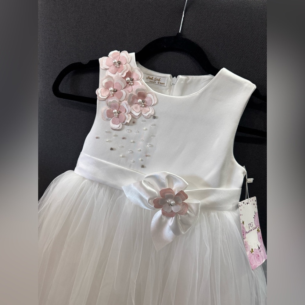 PINK GIRLS White Floral Tulle Dress - Picture 6 of 7